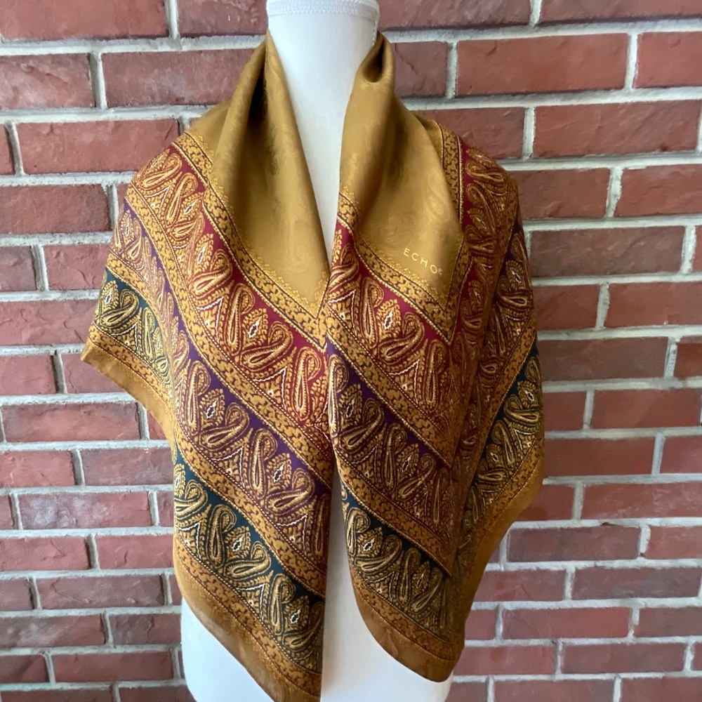 Echo Paisley Deep Gold Burgundy Graphic Signed Silk Scarf 34”x34”